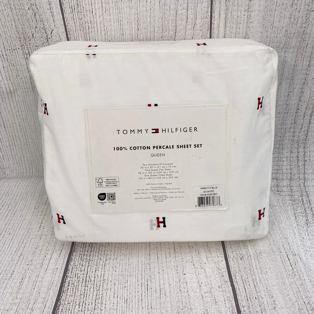 Tommy Hilfiger Sheet Set Queen White Varsity H Logo Percale Cotton Preppy Decor